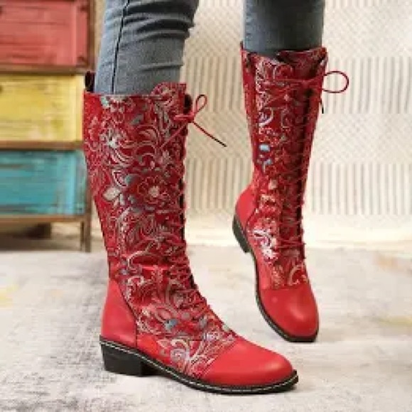 Shoes - 3/$30 Red Floral Lace-Up Boots